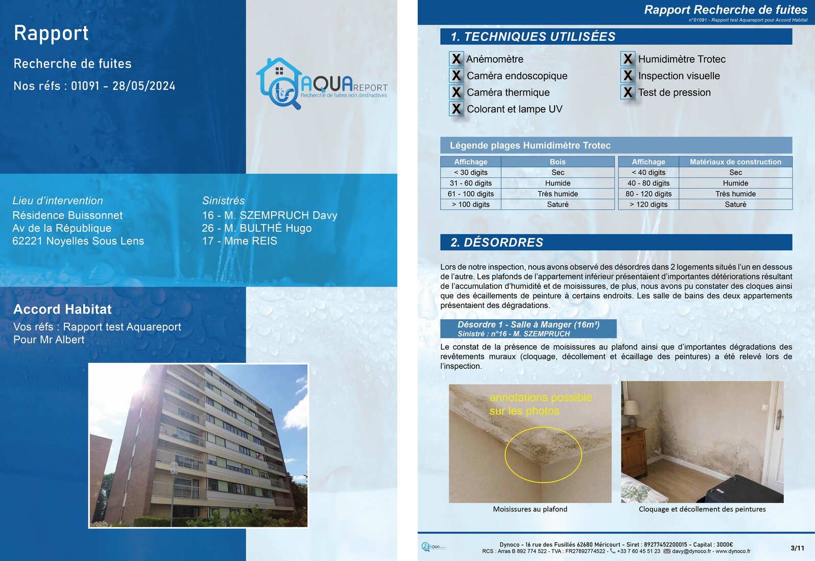 Exemple de rapport de recherche de fuite généré en PDF avec Aquareport
